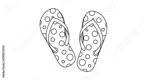 Pair of summer flip-flop sandals decorated with a fun and playful polka dot pattern shown in a simple black and white line art drawing style.