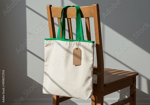 Tote bag with green handles and tag hanging on wooden chair