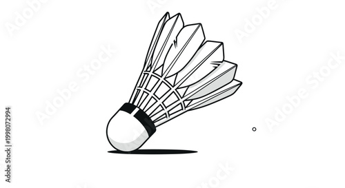 Realistic hand drawn sketch of a badminton shuttlecock with white feathers and a black cork base casting a soft shadow on a plain background.