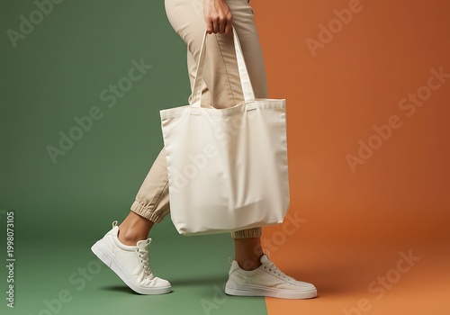 Woman walking with tote bag against split color backdrop