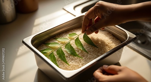 Hand Placing Neem Leaves on Raw Rice for Natural Preservation