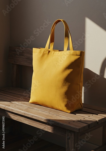 Yellow tote bag on a wooden bench with sunlight shadows indoors