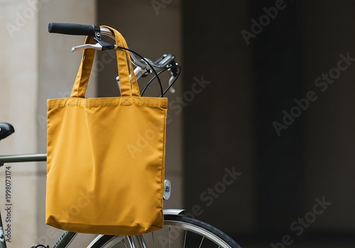 Yellow tote bag on bicycle handlebar with copy space and dark background