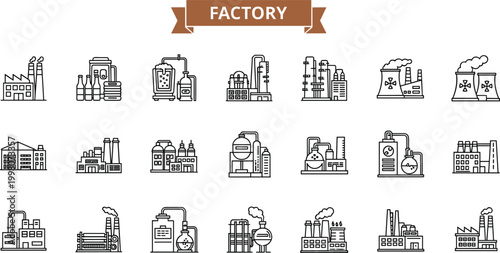 Factory industry icon set featuring manufacturing plants industrial facilities production equipment and heavy industry buildings outline vector collection