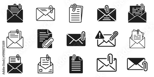 Email attach icon set collection in flat style. Mail envelope with paper clip vector illustration on isolated background. Network safety sign business concept.