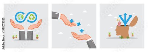 world's circular economic cycle. Support and positive blue plus sign. Determining the path.