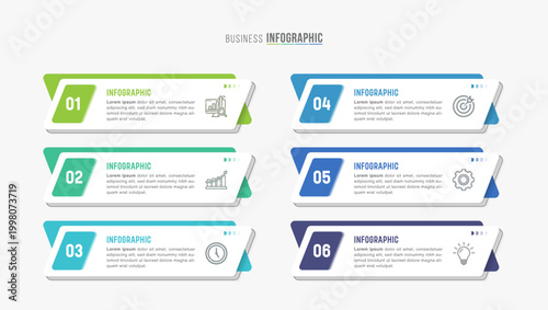 Timeline infographic template design. 6 options or steps business infographic template design. Can be used for process diagram, presentations, workflow layout, flow chart, steps, banner.