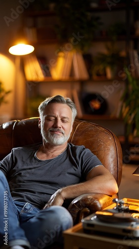 Relaxing evening with a man enjoying vinyl records at home cozy environment intimate viewpoint