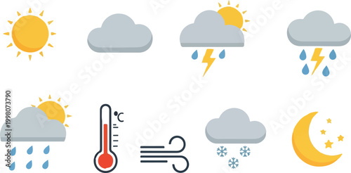 Weather forecast icon set, flat vector meteorology symbols for mobile apps, sun cloud rain and snow climate illustrations, 9 colorful elements