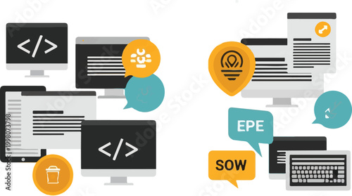 Software development flat vector icons, programming code on computer screens and tablets, web design and IT project management concept elements