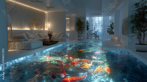 Luxurious indoor pool with colorful koi fish modern home interior design serene atmosphere wide angle relaxation concept