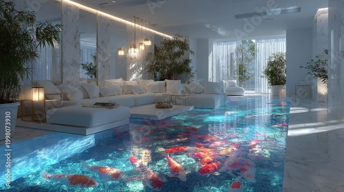 Luxury living room with underwater pool fish modern home interior design serene environment contemporary viewpoint