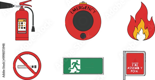 Fire safety equipment icons set, emergency evacuation signs and fire extinguisher vector, industrial protection and hazard prevention symbols