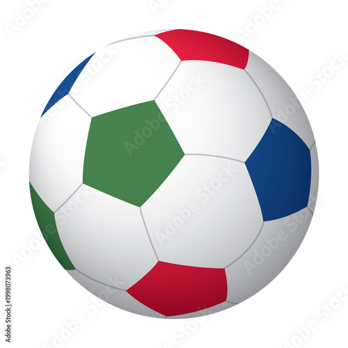 3D leather soccer ball white, red, blue and green colors isolated on white background