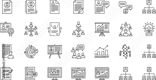 Human resources and business management line icon set featuring recruitment, employee hierarchy, team communication, performance analytics and corporate workflow elements