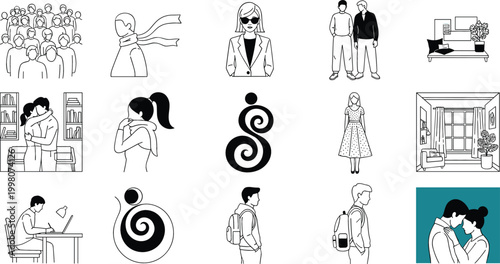 Human emotions and daily life icon set featuring relationships, love, study, work, and social interactions in minimalist black vector illustration style
