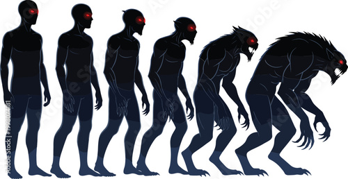 Human to werewolf transformation sequence featuring dark silhouettes with glowing eyes, showing evolution stages in horror fantasy vector illustration style