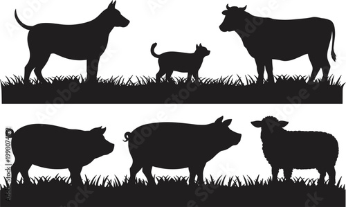Farm animal silhouettes with cow dog pig sheep and cat, livestock animals for agriculture and rural life themes