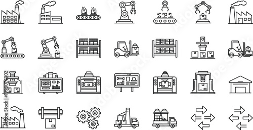 Industrial manufacturing and factory automation line icon set featuring robotics assembly lines, warehouse storage, delivery trucks and production technology