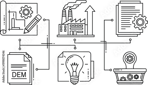 Industrial workflow concept with factory production, engineering documents, design plans, light bulb idea and process connection, modern outline vector illustration