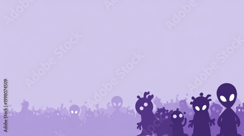 Silhouettes of various alien-like creatures with glowing eyes appear against a soft purple background, a mysterious and eerie atmosphere, kid friendly colorful planet background