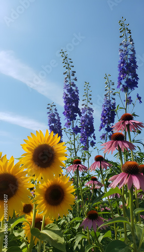 A field of vibrant sunflowers and purple coneflowers under a clear blue sky on a sunny day