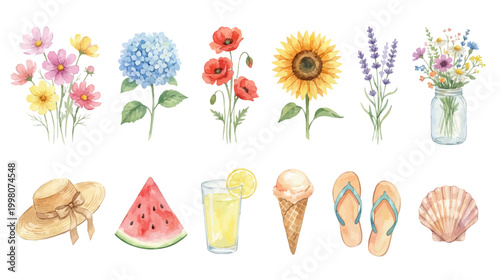 Summer watercolor clipart, flowers, beach mood, fresh seasonal elements set. Collection of Vector illustrations for invitation, card, poster, banner, decoration