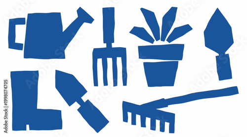 Collection of blue gardening tools and plant illustration on white background, representing hobby and outdoor activities
