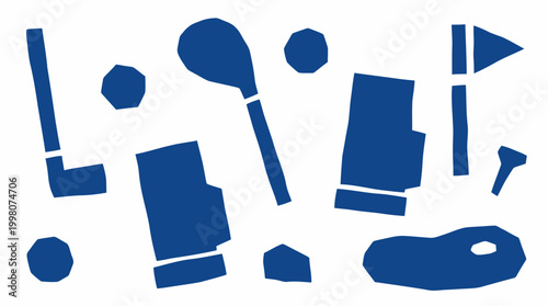 Blue golf icons and symbols scattered on a white background representing the sport and leisure activities