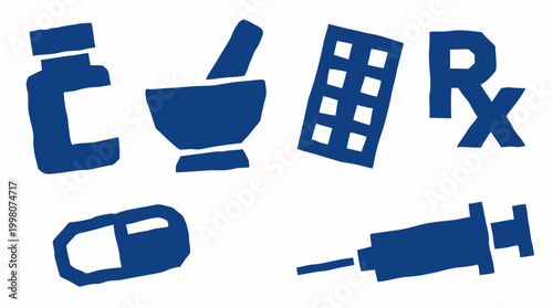 Collection of blue medical icons including a pill bottle mortar and pestle pill blister pack prescription symbol capsule and syringe on a white background