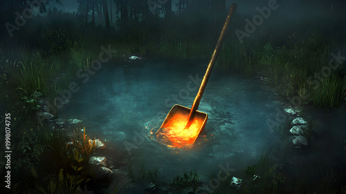 A surreal digital painting of a giant golden shovel clearing a chaotic pile of floating tasks represented