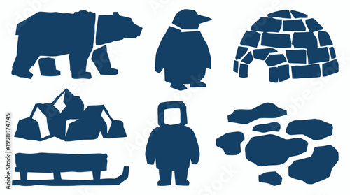 Collection of arctic and antarctic themed icons including a polar bear, penguin, igloo, mountains, sled, and astronaut in a simple flat design style