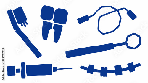 Collection of blue dental hygiene tools and teeth illustrations on a white background symbolizing oral care and dental health