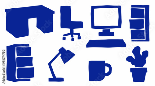 Modern office workspace elements in a clean blue and white design, depicting a desk chair computer lamp filing cabinet and potted plant for remote work or home office setup