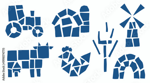 Charming blue farm icons set featuring a tractor cow chicken windmill barn and archway for agricultural or rural themes