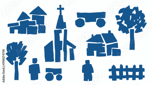 Charming blue silhouette village scene with houses, church, trees, people, and vehicles creating a simple, stylized rural landscape illustration