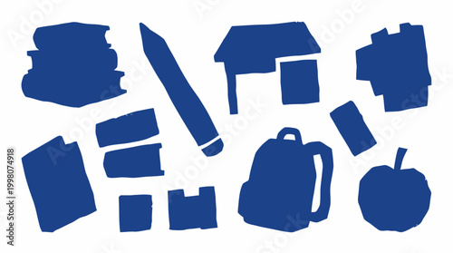 Blue school supplies and building icons arranged in a collage representing education and learning concepts