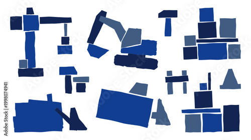 Abstract construction site with blue building blocks and heavy machinery toys