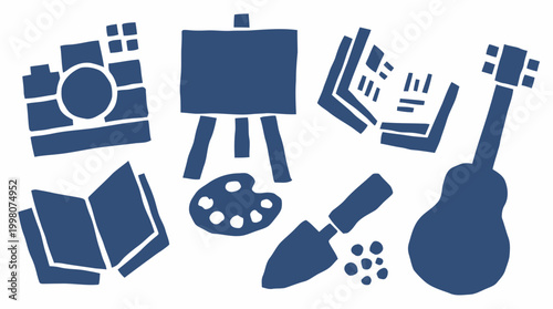Collection of creative hobby and leisure icons representing diverse interests like photography art gardening music and reading on a white background