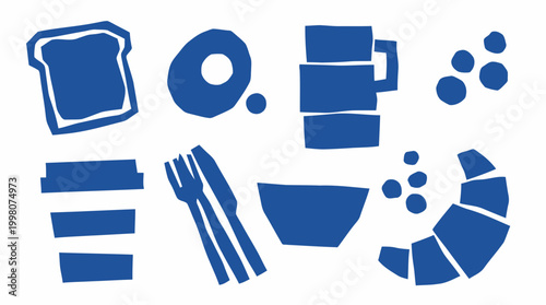 Abstract blue breakfast food icons and symbols for morning meal on white background simple flat design elements for cafe menu or recipe illustration