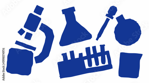 Blue science laboratory equipment icons including microscope, flasks, test tubes, and beaker on a white background representing research and discovery