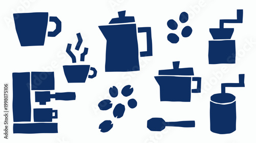Blue coffee making icons set on white background featuring espresso machine coffee maker grinder beans and cups for beverage preparation and cafe themes