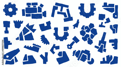 Abstract blue mechanical parts and gears forming a collage of industrial elements and engineering components