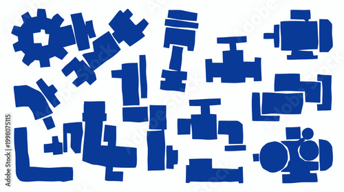 Abstract blue industrial plumbing parts and gears arranged in a collage representing mechanical engineering and construction elements