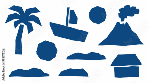 Tropical island scene with palm tree volcano boat and hut graphic elements for vacation and travel themes