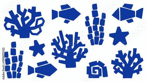 Vibrant blue abstract marine life collection featuring coral reefs, fish, and starfish on a clean white background, perfect for ocean themes and underwater designs