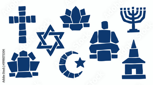 Diverse religious symbols collection representing different faiths and spiritual beliefs in a unified graphic illustration