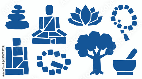 Collection of blue spiritual and wellness icons including meditation, yoga, nature, and healing symbols on a white background
