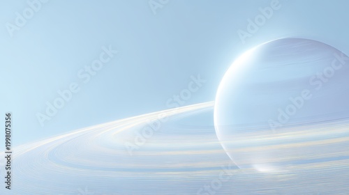 A glowing planet with extensive rings set against a pale blue background, evoking a serene and futuristic cosmic scene, kid friendly colorful planet background