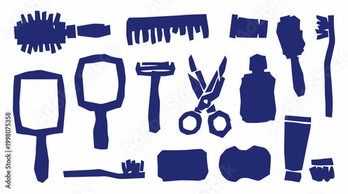Collection of blue bathroom hygiene and grooming tools and accessories isolated on white background